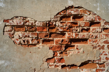 old brick wall with layers of old plaster and paint, background