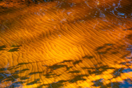 the water surface of a river or lake with sun glare at sunset