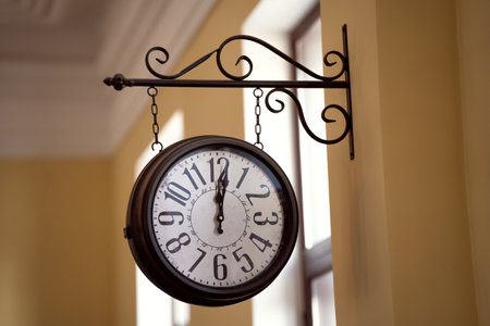 Large round wall clock with hands, retro design, timeの写真素材