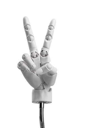 a mock-up of a human hand made of plastic, movable palm design, isolatedの写真素材
