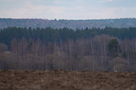 a plowed agricultural field, a spring landscape in the countrysideの写真素材