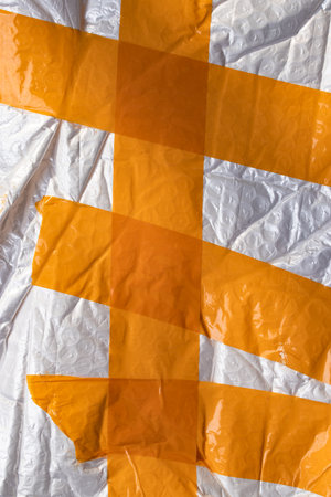 packaging film with bubbles, rewound with orange tape, textureの写真素材