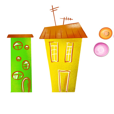 handmade drawing with paints and pencils, colorful houses, clipartの写真素材