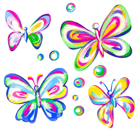 handmade drawing with paints and pencils, colorful butterflies, clipartの写真素材