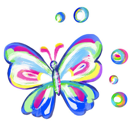 handmade drawing with paints and pencils, colorful butterflies, clipartの写真素材