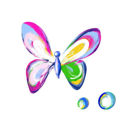 handmade drawing with paints and pencils, colorful butterflies, clipartの写真素材