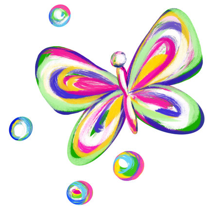 handmade drawing with paints and pencils, colorful butterflies, clipartの写真素材