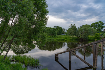 City park with a lake, with an old fence and large trees, summer dayの写真素材