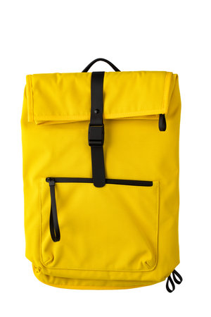 details of seam joints, fasteners, yellow backpack made of thick fabric, insulatedの写真素材