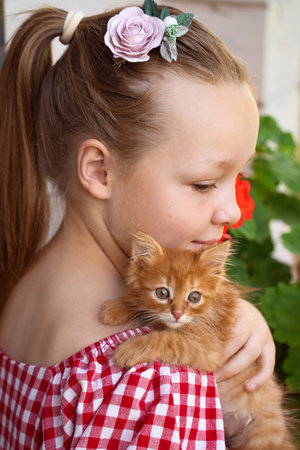A blonde girl in a plaid dress plays with a red kitten in the gardenの写真素材