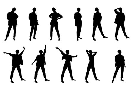 black and white vector silhouettes of people for clippingのイラスト素材