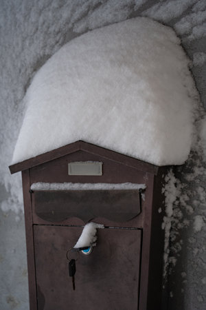 snow-covered mailbox, winter dayの写真素材