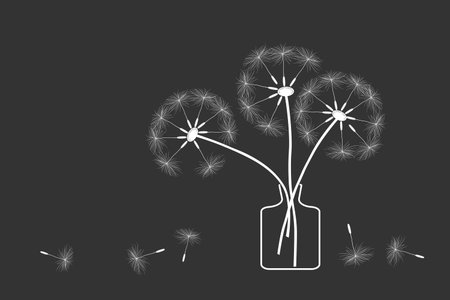 black and white poster with dandelion flowers in a vaseのイラスト素材