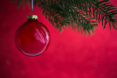 Red christmas ball on the xmas tree on red bokeh background. Merry christmas card. Winter holidays. Xmas theme. Happy New Year.の写真素材