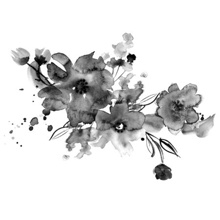 Watercolor hand painted flowers in black colors.の写真素材