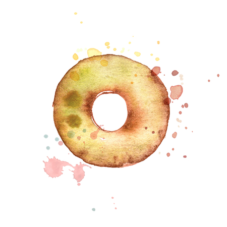 watercolor hand painted illustration with yellow donut isolated on white.の写真素材