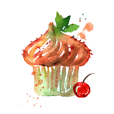 watercolor hand painted illustration with desert isolated on white. Cupcake with cream, mint and cherryの写真素材