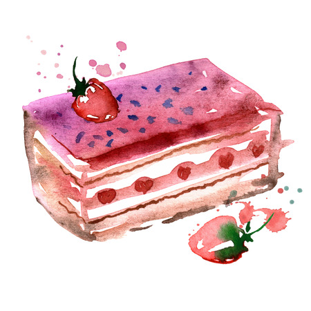 watercolor hand painted illustration with desert isolated on white. Cake with strawberryの写真素材