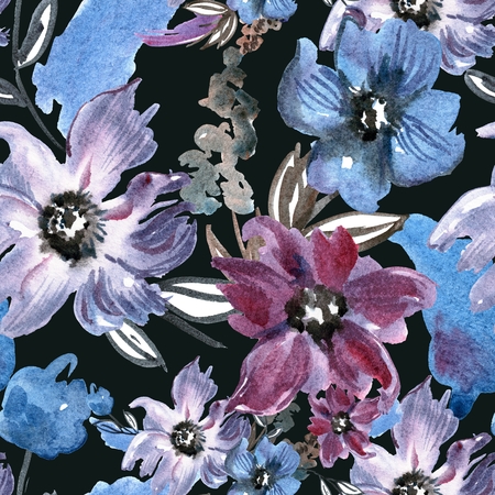 Watercolor hand painted seamless pattern with blue flowersの写真素材