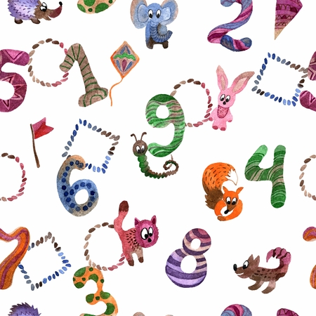 hand painted seamless pattern with birthday numbers and fanny animalsの写真素材