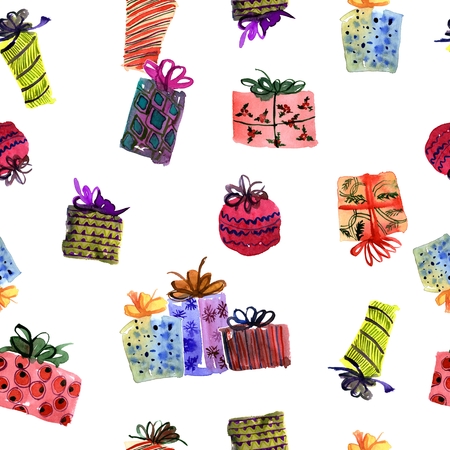 Watercolor hand painted seamless pattern with multicolor Christmas gift boxesの写真素材