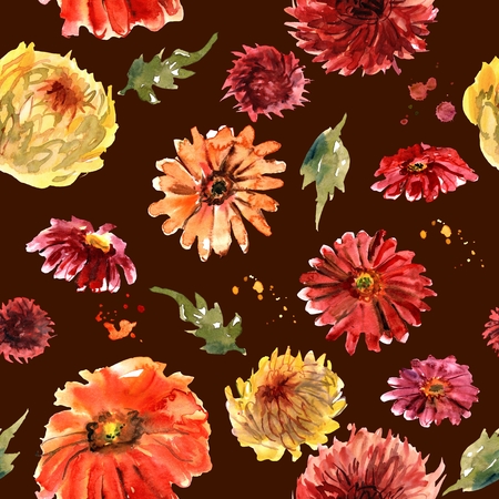 Watercolor seamless pattern with red and yellow gerberas and chrysanthemum on dark backgroundの写真素材