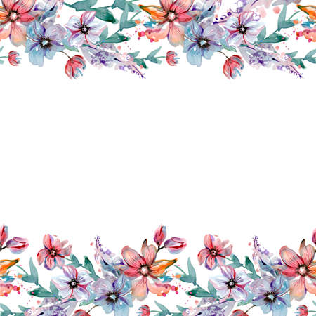 Watercolor floral design. Pink and Blue flowers and watercolor splashes. High quality photoの写真素材