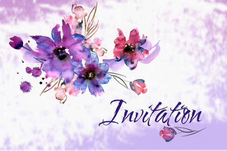 Cute watercolor greeting card with hand painted flowers. High quality photoの写真素材