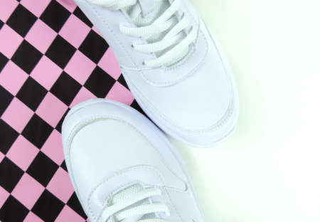 white sport shoes , sneakers , top view, copy spaceの写真素材