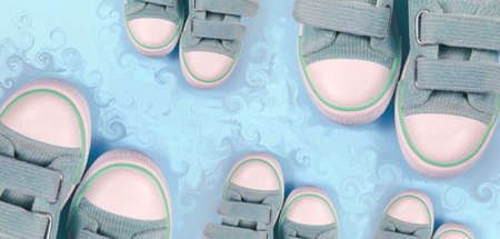 Kids sport shoes. kids fashion Trendy velour shoes.children's sports sneakers on light blue backgroundの写真素材