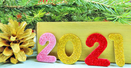 2021 shiny decorative numbers for new years,  golden cones, christmas tree,  Winter season,...