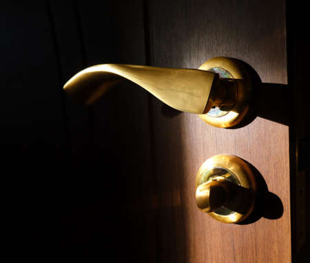 Elegant brown color wooden door surface with gold curved knob and lock in spot of bright sunlightの写真素材