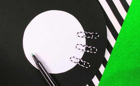 Top view blank paper and pen, white black red colors, blog banner, mock up, minimalism, contemporary styleの写真素材