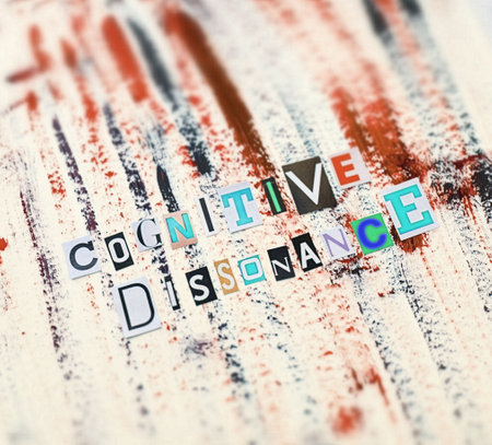Cut out colored letters from magazines and compilation of cognitive dissonance on abstarct grungy...