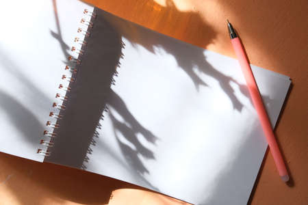 Cozy home still life with ballpoint pen on the notepad and shadows from the bright setting sun. Copy spaceの写真素材