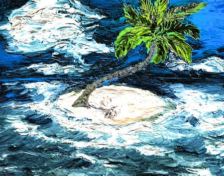 Palm tree on a tiny island in the ocean, sea, waves landscape. Colorful abstract artwork hand oil...