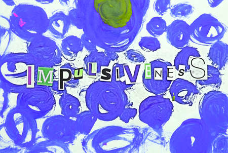 Word writing Impulsiveness from cut letters on abstract strokes blue background. Headline -...