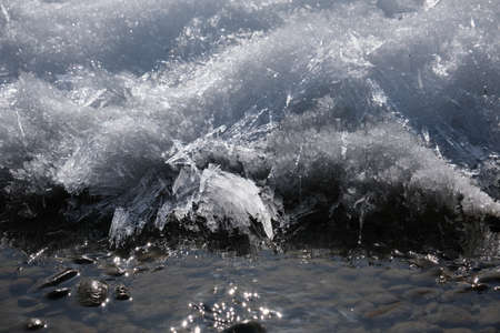 Ice on the river, stream froze. cold season. mountain stream stones. Thaw spring snow. Ice started...