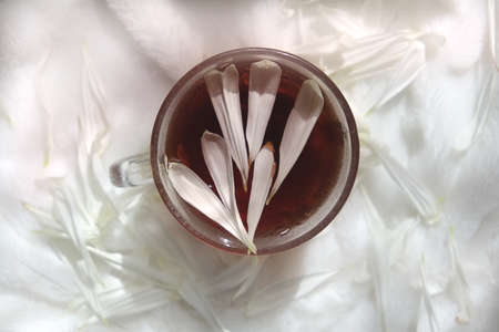 Cup of tea with white flowers petals on fluffy background. Flat lay, top view