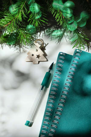 Christmas still life with branch of Christmas tree and notepads. Crossed lines of shadows. Christmas...