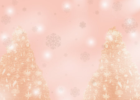 Abstract Blurred Christmas background with festive decorations, Christmas trees, snowflakes on gradient pale pink background.の写真素材