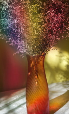 Red vase with dried flowers on  yellow background casting shadows . Minimal modern interior decoration concept. wabi sabi style aestheticsの写真素材