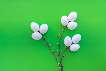 Easter decoration white eggs, space for text, horizontal image.image of a bouquet of flowers of white eggs. green background. the view from the top. photo for Easter cards.の写真素材