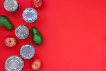 food donation canned food, avocado, apple. Quarantine. Food delivery, coronavirusの写真素材
