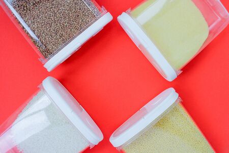 food donation buckwheat, pasta, rice, millet, semolina. concept set of quarantine food