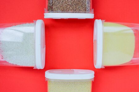 food donation buckwheat, pasta, rice, millet, semolina. concept set of quarantine foodの写真素材