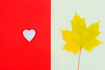 concept of autumn mood and Canada day. yellow maple leaf on a light background and a white heart on...