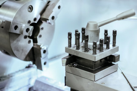 The CNC lathe machine. Turning machine for drilling with the drill tool and center drill tool. The...