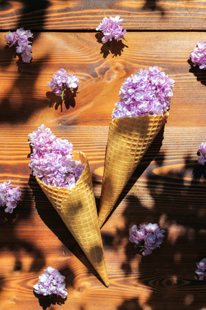 two waffle cones with lilac on a wooden background. relaxing in the garden and spring mood.の写真素材