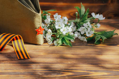 9 may holiday victory day. George ribbon and military cap.の写真素材